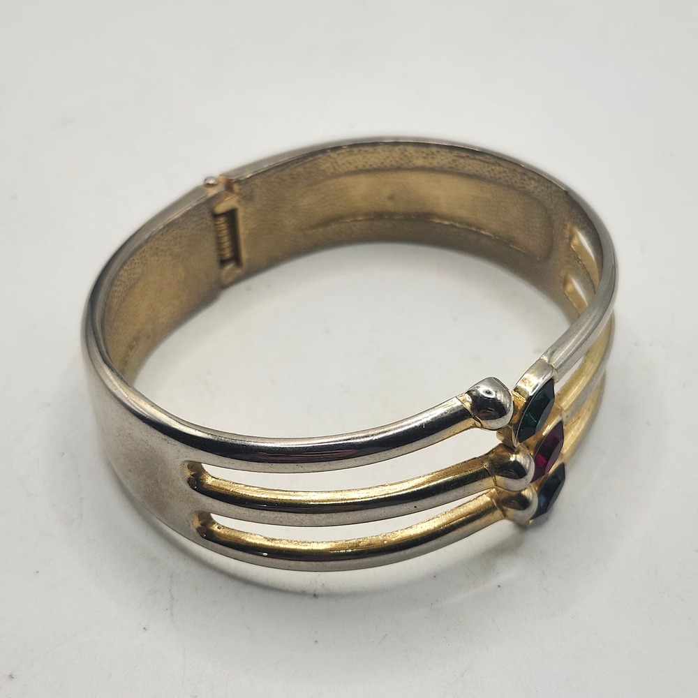 Gold Tone Multicolor Glass Rhinestone Hinged Wide Cuff Bangle Statement Bracelet